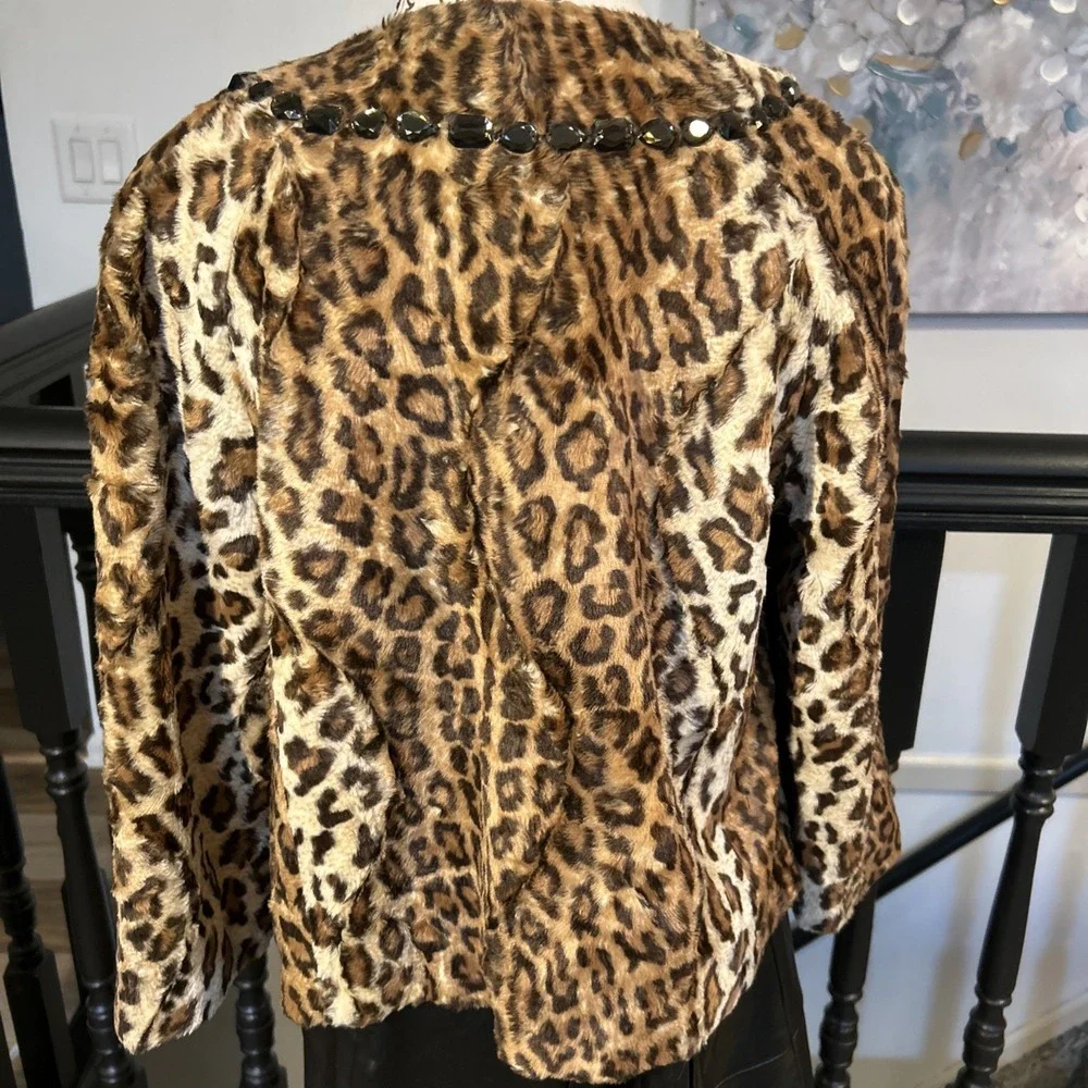 Victor Alfaro Sz 12P Faux Leopard Fur 3/4 Sleeve Cropped Jeweled Neck Lined‎
